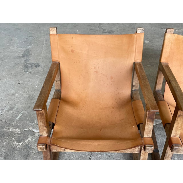 Mid-Century Spanish Sling Lounge Chairs in Saddle Leather and Wood, 1960s, Set of 2 For Sale - Image 6 of 13