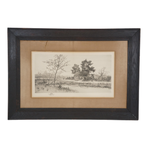 Antique George W. Bohde Signed Riverscape Landscape Thatched Cottage Etching 34"