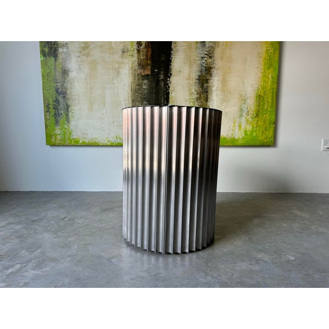 1980s 1980's Italian Postmodern Luigi Saccardo- Style Brushed Steel and Glass Top Round Dining Table/ Sold For Sale - Image 5 of 12