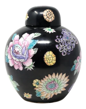 Black Hand-Painted Ginger Jar With Flowers