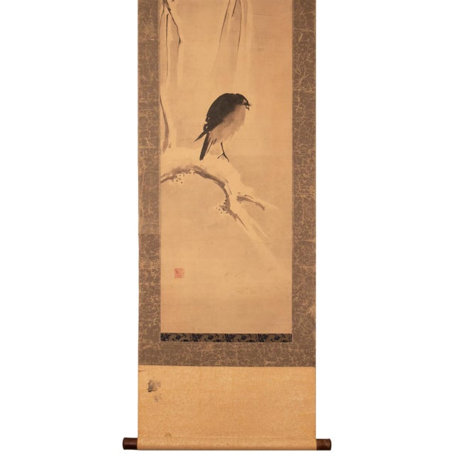 1920s Late Meiji to Early Showa Japanese Watercolor Scroll "The Crow and the Snow" For Sale - Image 4 of 12
