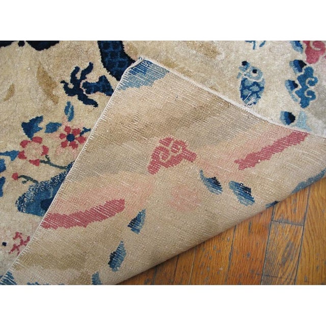 1900s Ivory Field Antique Dragon Medallion Chinese Peking Small Knotted Wool Rug For Sale - Image 9 of 9