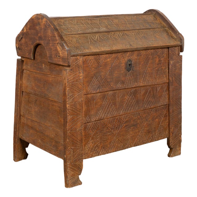 19th Century Large Rustic Oak Dome Top Trunk With Carved Details For Sale