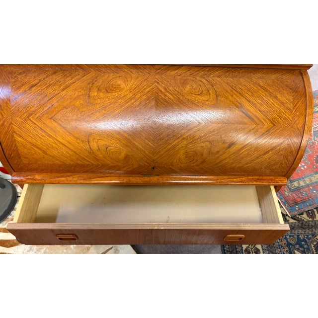 Mid Century Swedish Bookmatched Teak Roll Top Secretary Desk by Egon Ostergaard for Smi, Signed For Sale - Image 11 of 13
