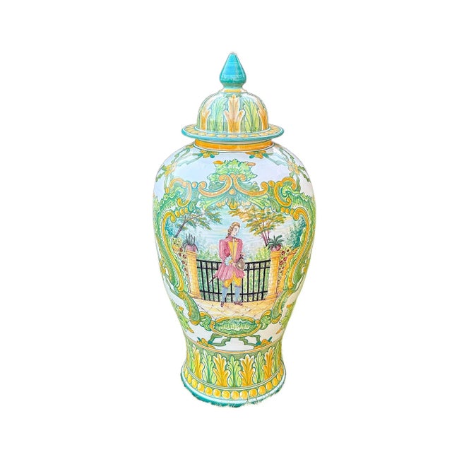 Ceramic 1970's Portugues Faiancas Green & Gold Temple Jar For Sale - Image 7 of 8