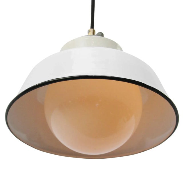 Mid-Century Modern Vintage Industrial White Enamel, Cast Iron & Porcelain Pendant Light, 1950s For Sale - Image 3 of 7