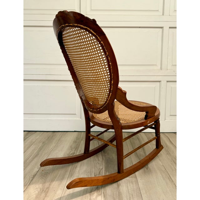 Antique Victorian Carved Wood Hand-Caned Rocking Chair For Sale - Image 13 of 17