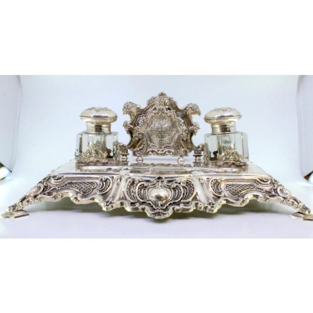 Inkwell in Cut Silver with Shell Reliefs, Letter Holder, Pen and Feet For Sale - Image 3 of 9