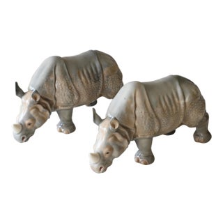 Early 20th Century Antique Continental Gray Porcelain Rhinoceros Figures - a Pair For Sale