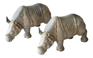 Early 20th Century Antique Continental Gray Porcelain Rhinoceros Figures - a Pair