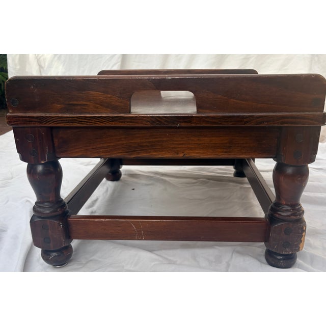 Ethan Allan Heirloom Collection Leather and Solid Wood in Nutmeg Finish Footstool For Sale - Image 9 of 13