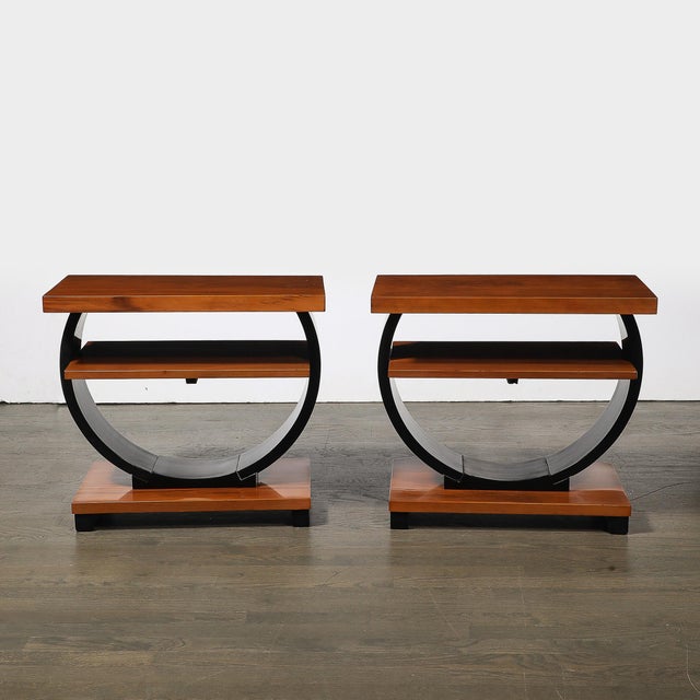 Art Deco Pair of Art Deco Machine Age Two-Tier Side Tables in Walnut & Black Lacquer For Sale - Image 3 of 18