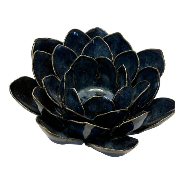 Handmade Blue Lotus Flower Ceramic Bowl With Gilded Petals – Studio Pottery Accent For Sale
