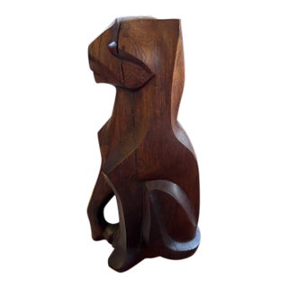 Vintage Hand Carved Wooden Cat Figurine For Sale
