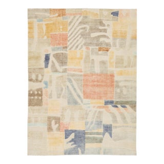 Modernist Cubist Style Handcrafted Wool Area Rug Soft Terracotta, Ochre & Indigo For Sale