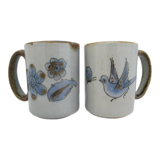 Ken Edwards El Palomar Blue Bird Flowers Mexican Tonala Folk Art Coffee Cup Pair For Sale