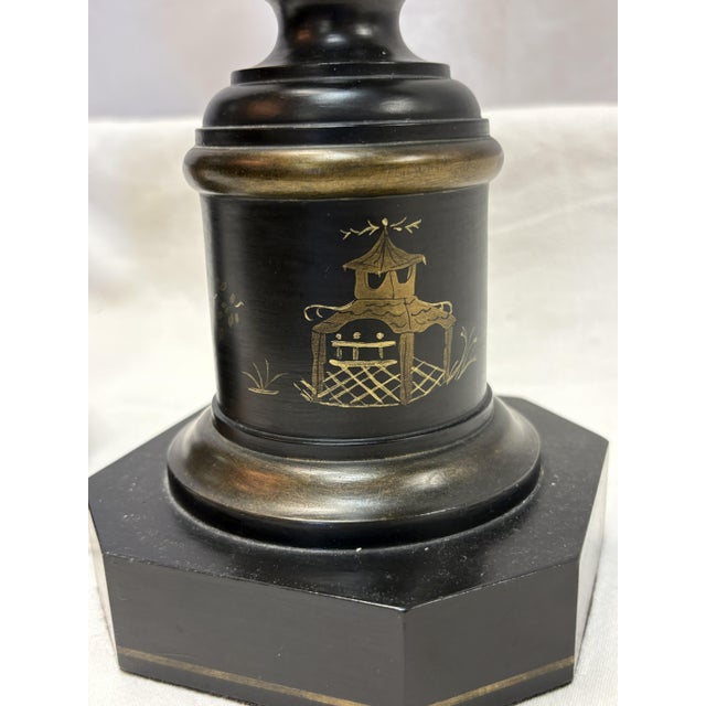 Vintage Wood Table Lamps With Gold Painted Chinoiserie Designs- A Pair For Sale - Image 4 of 15