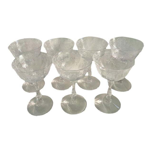 Vintage Fostoria “Navarre” Etched Crystal Coupes or Sherbets - A Set of 7 For Sale