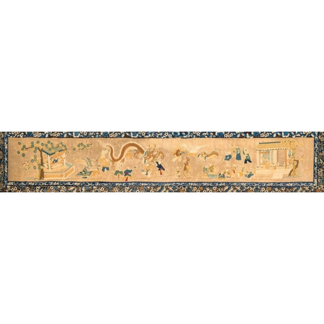 Chinese Lunar New Year Festival Silk Tapestry, outdoor scene with dragon dancers and celebrating people, blue floral...