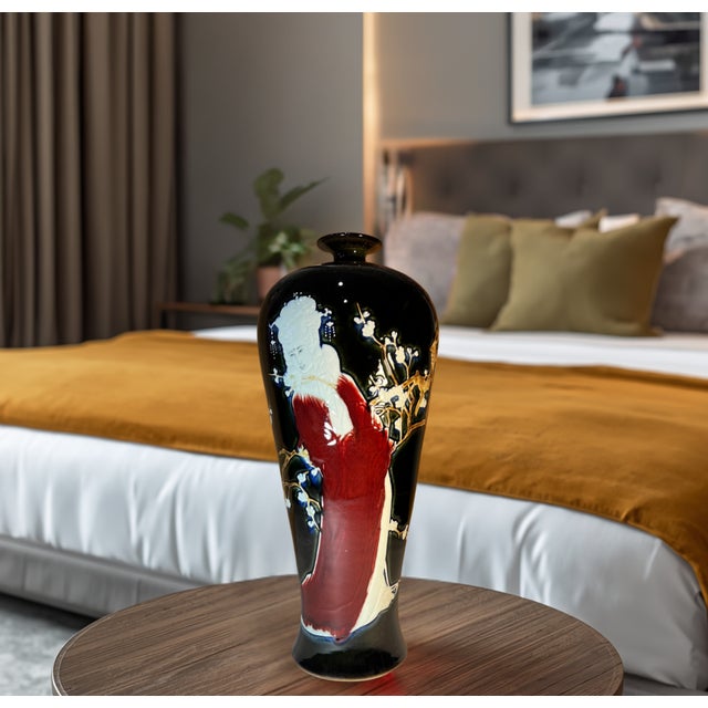 Black Vintage 23 In. Tall Black Porcelain Palace Vase Lady Courtesan in Enamel Relief For Sale - Image 8 of 18
