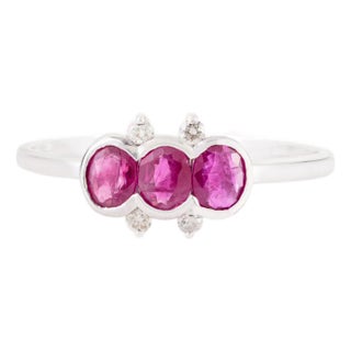 Natural Ruby & Diamond Three Stone Stackable Bezel Band Size 6.5 in 14k White Gold For Sale