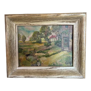 Vintage 1930’s Rustic Impressionist Landscape Oil Painting in Original Wood Frame.