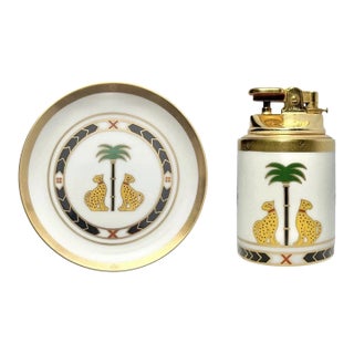 1990s Christian Dior "Casablanca" Porcelain Table Lighter & Round Ashtray Set For Sale
