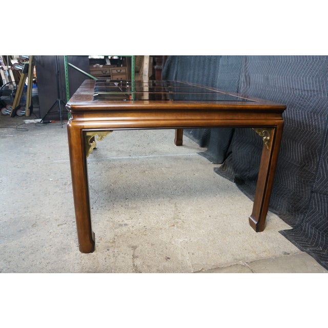 Mid Century Chinoiserie Matchbook Walnut Brass & Glass Extendable Dining Table For Sale - Image 15 of 15
