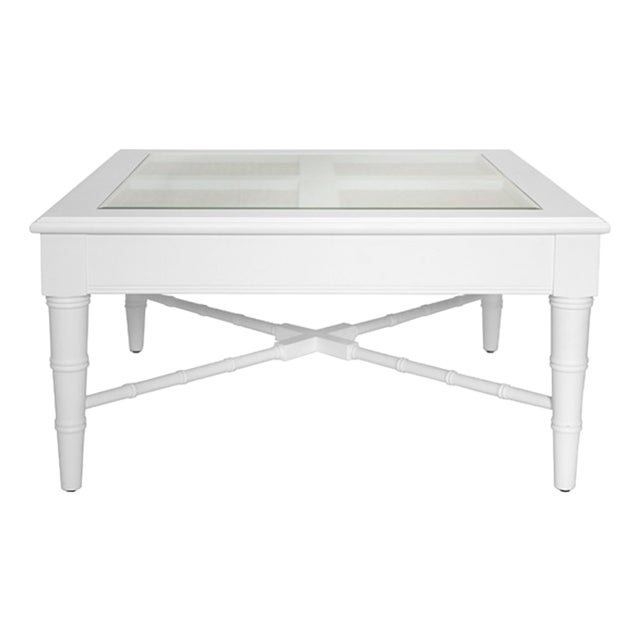 Matthew Izzo Home Noreen Matte White Lacquer & Glass Top Coffee Table With Cane Inset For Sale
