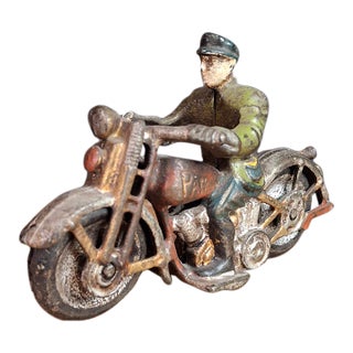 Antique 1930s Hubley Cast Iron "Patrol" Cop Police Motorcycle Toy | Green Paint & Integral Officer Rider 6.25" For Sale