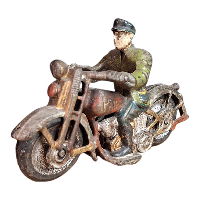 Antique 1930s Hubley Cast Iron "Patrol" Cop Police Motorcycle Toy | Green Paint & Integral Officer Rider 6.25" For Sale