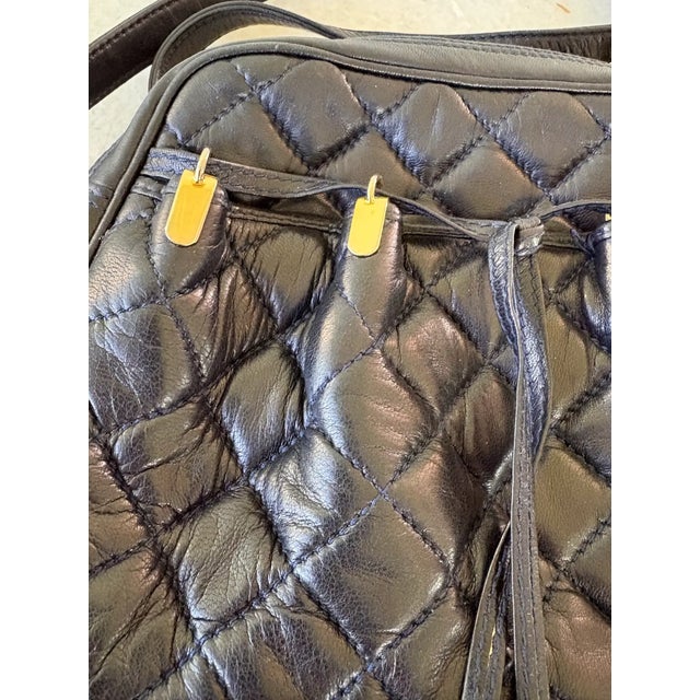 1980s Vintage Judith Leiber Black Quilted Leather Crossbody Handbag With Gold Tone Hardware For Sale - Image 5 of 5