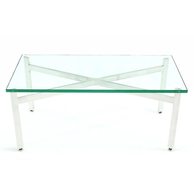 Mid 20th Century Pair of Rectangular Crome X Base 3/4" Glass Tops Coffee Side End Tables Stands For Sale - Image 5 of 9