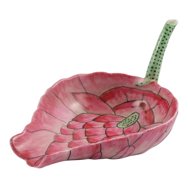 Chinese Porcelain Lotus Form Bowl With Spout, Hand-Painted Pink & Green, Late 20th Century For Sale