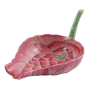 Chinese Porcelain Lotus Form Bowl With Spout, Hand-Painted Pink & Green, Late 20th Century