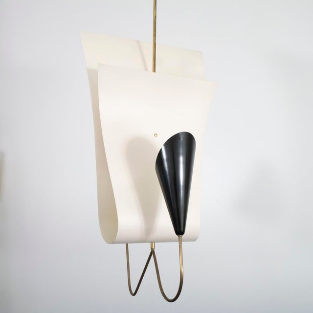 Sculptural chandelier with "wavy cloth" metal detail at center and bullet shades attributed to Gilardi and Barzaghi. UL...