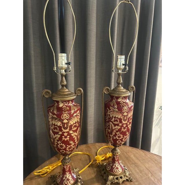 Mid 20th Century Pristine Mid 20th Century Japanese Moriage Porcelain & Brass Tall Lamps For Sale - Image 5 of 13