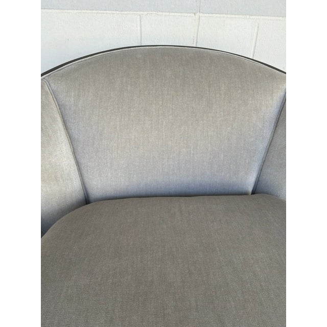 Wood Theodore Alexander Mid-Century Modern Style Gray Velvet M. Bremen Swivel Chair For Sale - Image 7 of 7