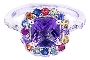 Cushion Cut Amethyst Diamond Sapphire White Gold Ring, Size 7