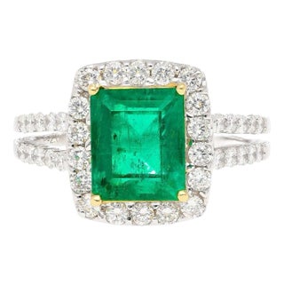2.06 Carat Old Mine Muzo Colombian Emerald & Diamond Halo Split 18k Ring, Size 7.25 For Sale