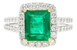 2.06 Carat Old Mine Muzo Colombian Emerald & Diamond Halo Split 18k Ring, Size 7.25