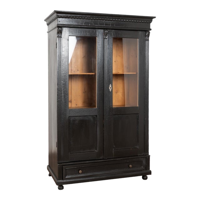 19th Century Black Painted Bookcase Pine Display Cabinet For Sale