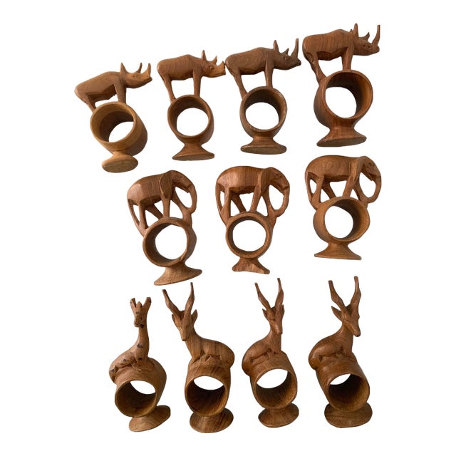 Mid 20th Century Safari Themed Hand Carved Napkin Rings- Set of 11 For Sale