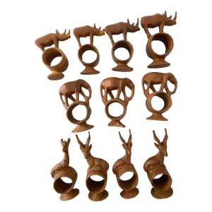 Mid 20th Century Safari Themed Hand Carved Napkin Rings- Set of 11
