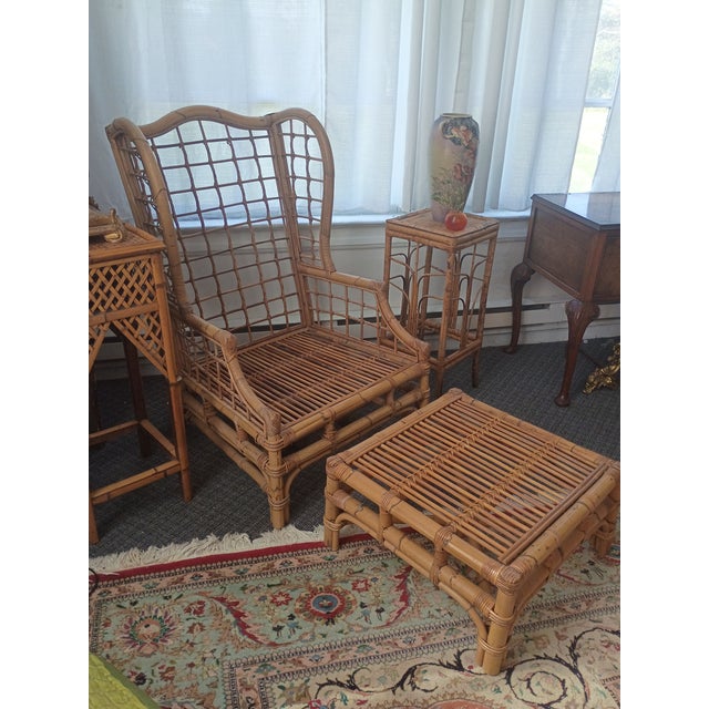 1950s Chippendale Rattan Wing Chair and Ottoman For Sale - Image 12 of 13