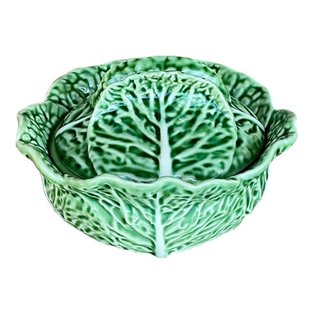 Vintage Boho Bordallo Pinheiro Glazed Ceramic Cabbage Lidded Bowl For Sale