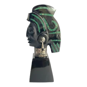Taxco Mexico Onyx Warrior Statue Vintage Figurine Inlaid Mosaic Malachite Sterling Silver Accents 5.5” Tall