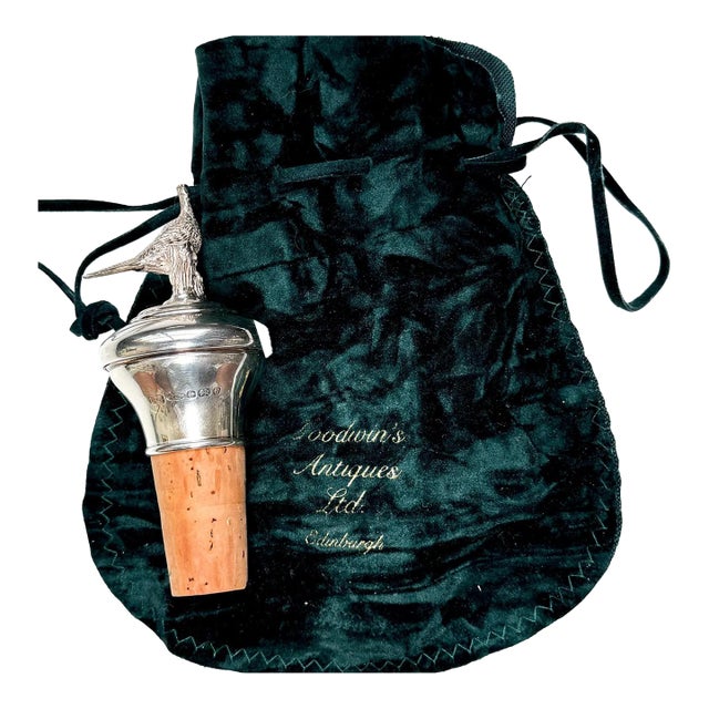 Antique Sterling Silver Pheasant Bottle Stopper | English Hallmarked Cork Wine Topper with Velvet Pouch For Sale