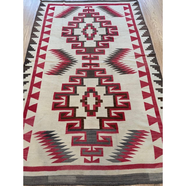 Authentic 1920 Navajo Rug Handwoven Wool Geometric Medallion Design, Red & Ivory For Sale - Image 15 of 18