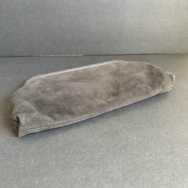 Vintage Italian Suede Clutch Purse Snakeskin Patchwork Leather Bag Gray Bakelite Style Closure Reghi Italy For Sale - Image 6 of 11